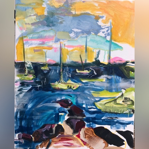 Artisan Other - Original landscape seascape painting Camden Maine sea coast harbor acrylic paint
